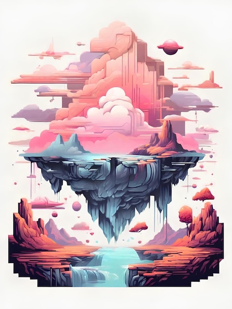 Dreamscape Serenity Piksele różowych much tańczą na nostalgicznych szczytach górskich w surrealistycznej cyfrowej oazie