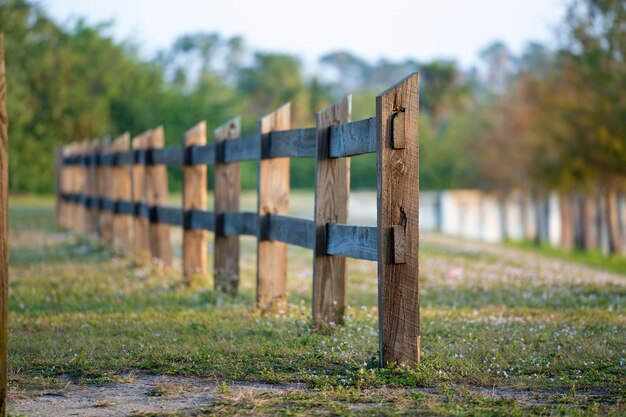 Zdjęcie drewniana bariera ogrodzeniowa na terenie gospodarstwa rolnego w celu ochrony bydła i terytorium