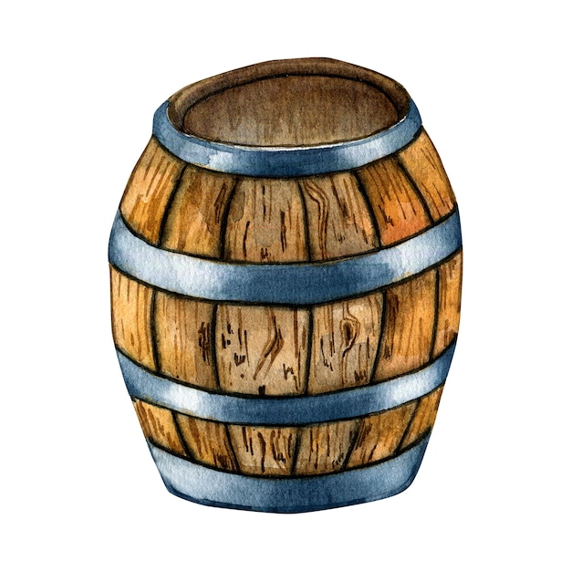 Drewniana beczka piwa akwarela ilustracja na białym tle
