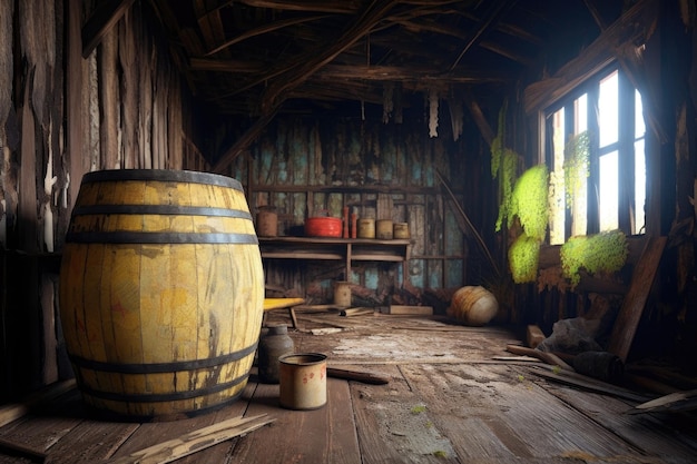 Drewniana beczka z łuszczącą się farbą w opuszczonej stodole stworzona za pomocą generatywnej sztucznej inteligencji