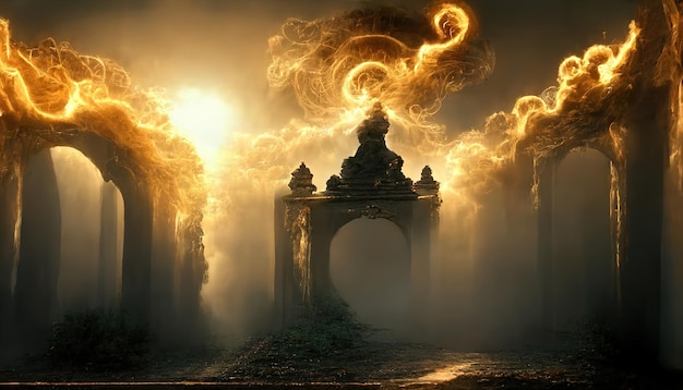 Drewniana brama w gęstym dymie w postaci chmur do renderowania 3d portalu. Ilustracja rastrowa.