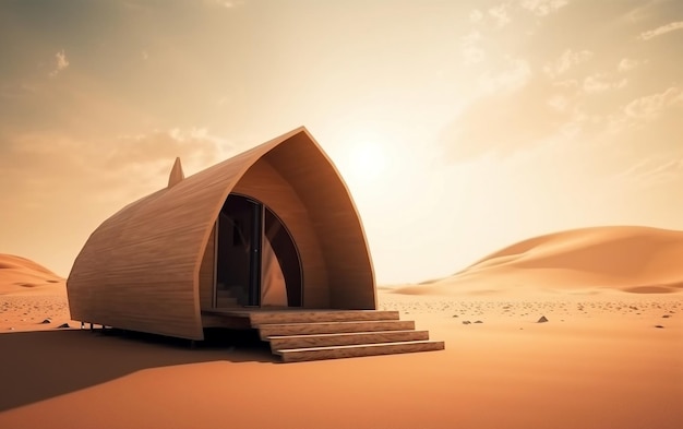 Drewniana chata na pustyni, za którą zachodzi słońce.