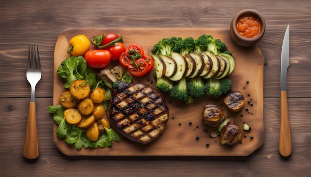 Zdjęcie drewniana deska do cięcia z różnorodnymi warzywami, w tym pomidorami brokułowymi i ogórkami