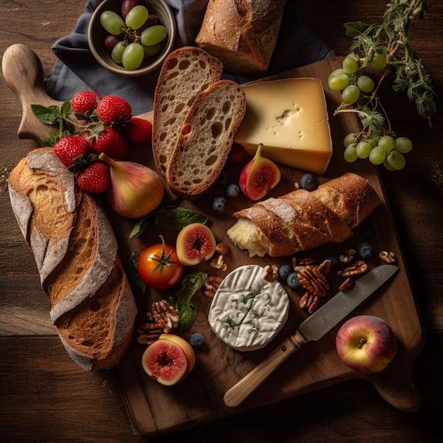Drewniana deska do krojenia z różnorodnym jedzeniem, w tym chlebem owocowym i serem