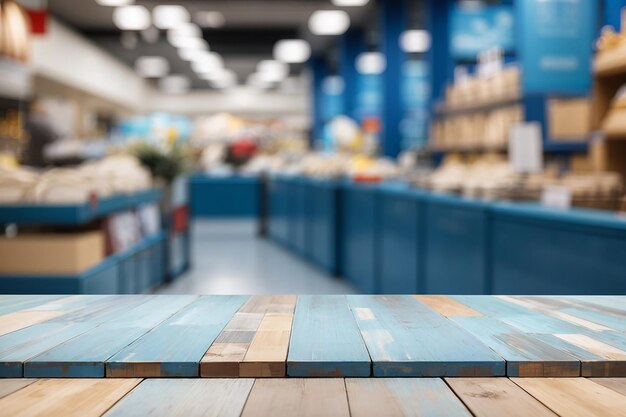 drewniana deska stołowa na rozmyciu i bokeh abstrakcyjny w sklepie z niebieskim tonem kolorystycznym wykorzystujący do projektowania tło zakupów i montaż banerów wyświetla układ produktu