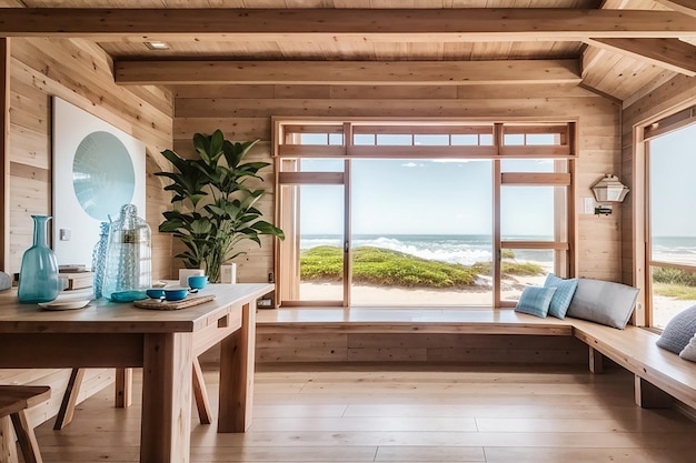 Drewniana deska w spokojnym przybrzeżnym domu na plaży