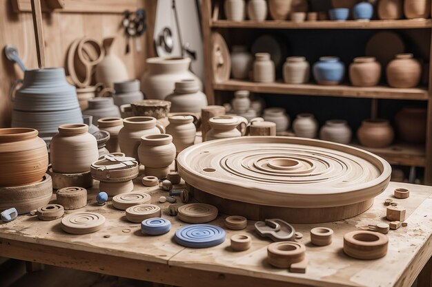 Drewniana Deska W Studio Ceramicznym Z Kołami Ceramicznymi I Tworami Glinianymi