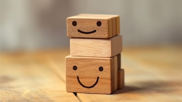 Zdjęcie drewniana etykieta z klockiem ze szczęśliwym uśmiechem, relaksującą twarzą, dobrą opinią klienta światowy dzień zdrowia psychicznego