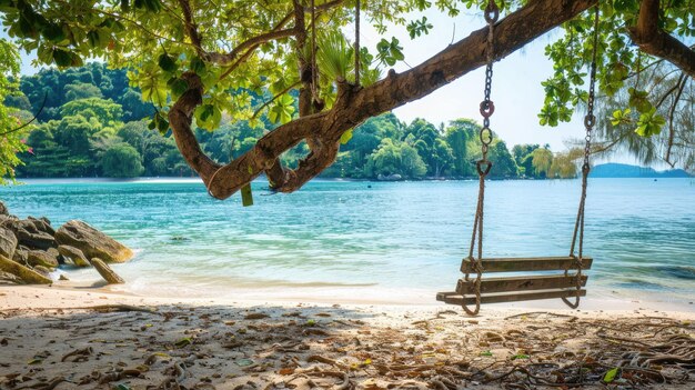 Zdjęcie drewniana huśtawka wisi z drzewa na plaży przy wodzie