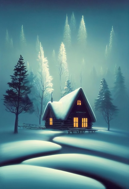 Zdjęcie drewniana kabina w dziczy pokryty śniegiem zimowy krajobraz pionowa cyfrowa ilustracja 3d z przestrzenią do kopiowania