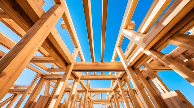 drewniana konstrukcja domu na tle błękitnego nieba