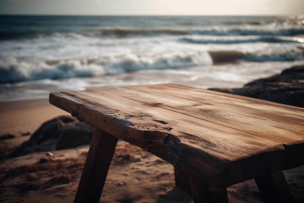 Drewniana ławka na plaży z oceanem w tle