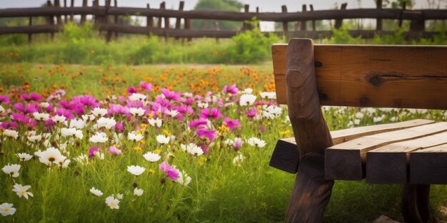 Drewniana ławka w polu kwiatów z drewnianą ławką na pierwszym planie.