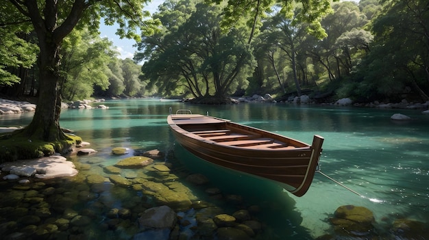 drewniana łódź pływająca po rzece