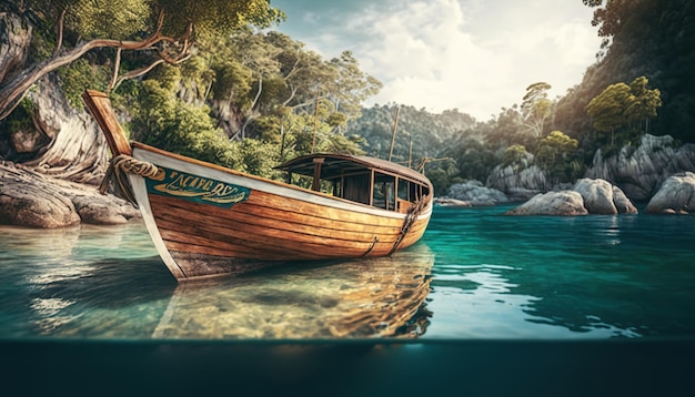 Drewniana łódź rybacka w rajskich turkusowych wodach Tropikalny krajobraz morski z łodzią Generative AI