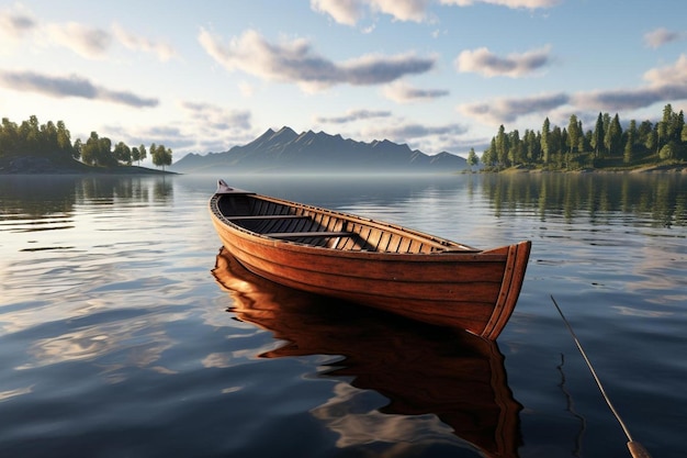 Drewniana łódź unosi się na jeziorze z górami w tle.