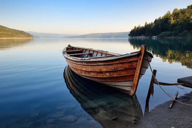 Zdjęcie drewniana łódź zakotwiczona na spokojnym brzegu