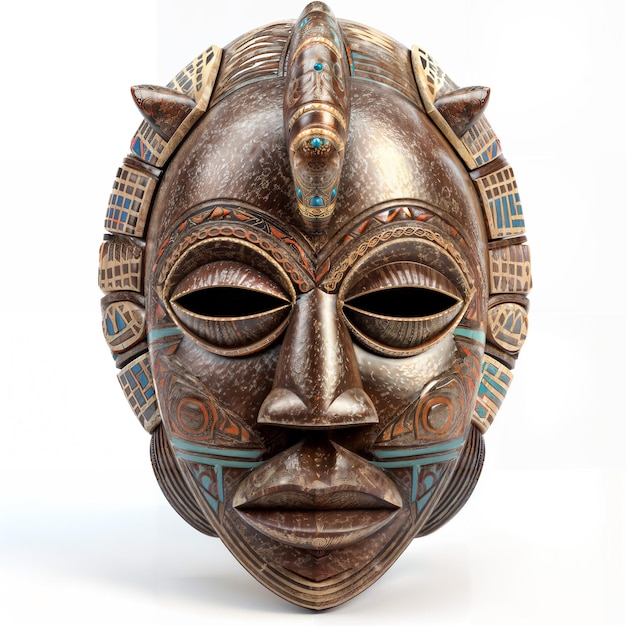 Drewniana maska z twarzą i niebiesko-pomarańczowym wzorem z przodu.