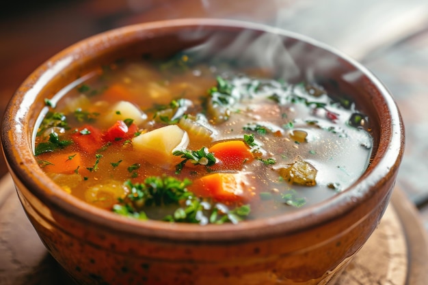 Drewniana miska wypełniona zupą i świeżymi warzywami Gorąca zupa warzywna w przyjaznym dla środowiska pojemniku