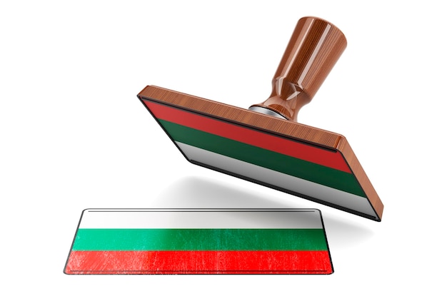 Drewniana pieczęć stempla z bułgarską flagą renderowania 3d izolowana na białym tle
