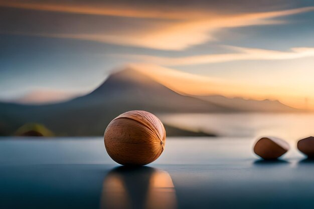 drewniana piłka do koszykówki na stole z górą w tle.