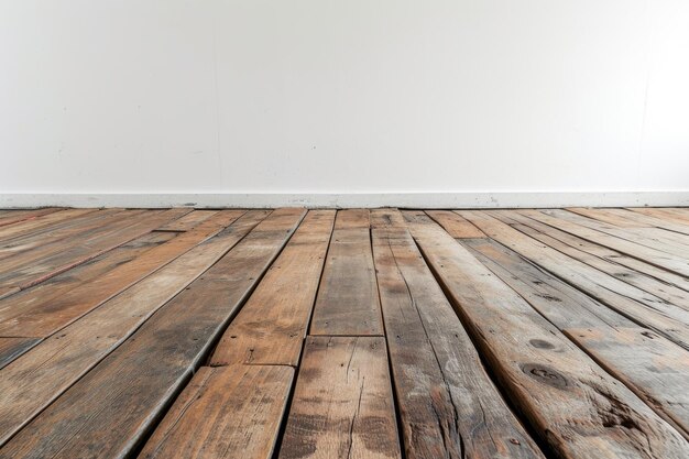 Drewniana podłoga i pusta biała ściana w pomieszczeniach