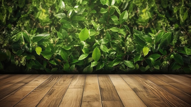 Drewniana podłoga z zielonym tłem i rośliną z liśćmi