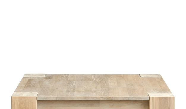 Drewniana powierzchnia stołu izolowana na białym tle Meble z drewna stałego z bliska