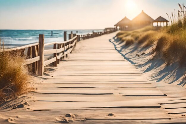 Drewniana promenada prowadząca na plażę z domami na horyzoncie