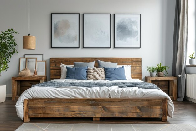 Drewniana rama łóżka z niebieskimi poduszkami