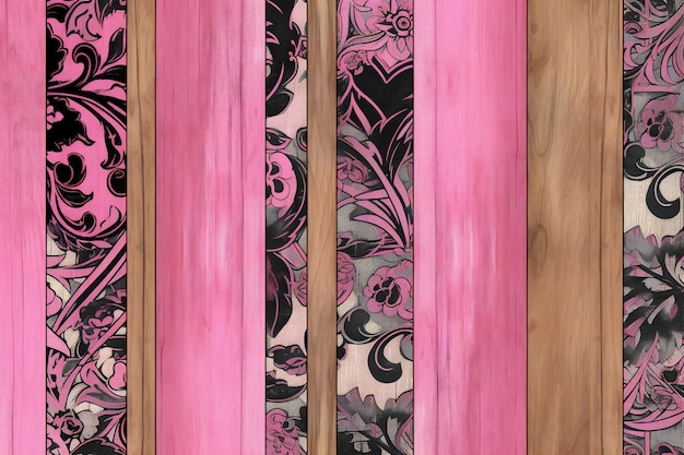Drewniana ściana z kwiatowym wzorem w kolorach różowym i czarnym na tle