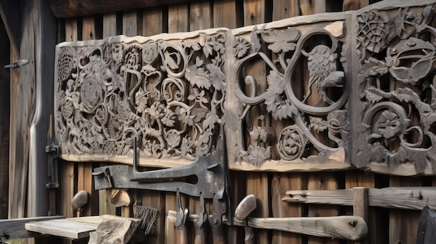 Drewniana ściana z rzeźbą ptaka i nożyczkami.