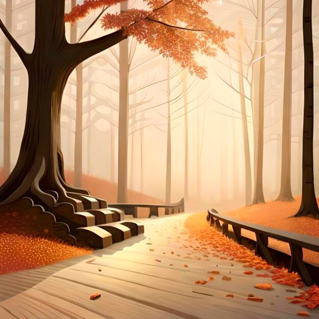 Drewniana ścieżka w jesiennym lesie z upadłymi liśćmi 3d render