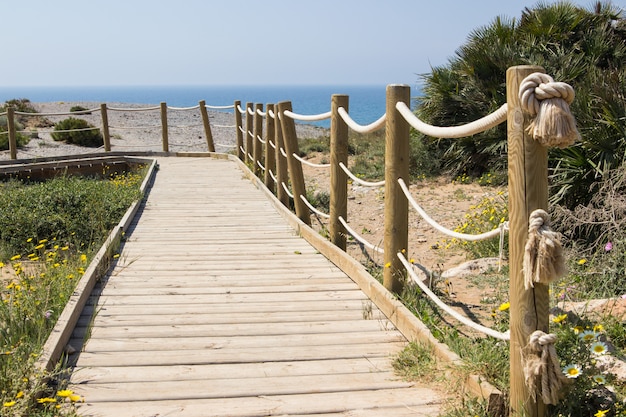 Drewniana ścieżka w kierunku plaży w słoneczny dzień