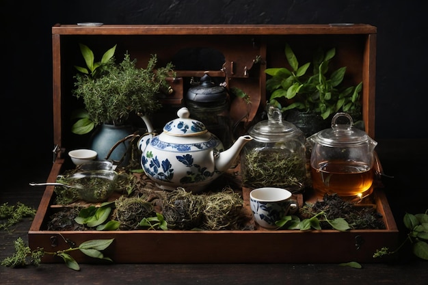 Zdjęcie drewniana skrzynia na herbatę z asortymentem filiżanek i ziół
