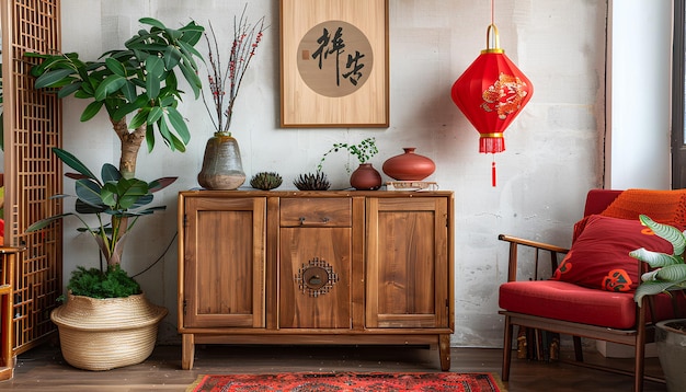 Drewniana szafa z dekoracjami na świętowanie chińskiego Nowego Roku w salonie