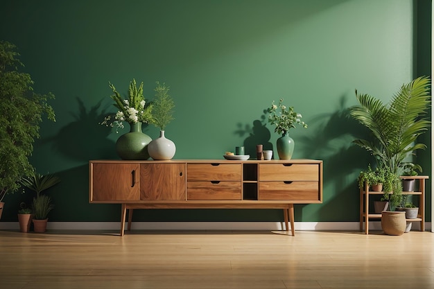 Drewniana szafka w zielonym salonie z kopii przestrzeni