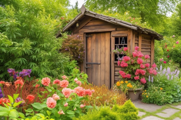 Drewniana szopa ogrodowa otoczona bujną zielenią i kolorowymi kwiatami