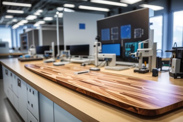 Zdjęcie drewniana tablica w laboratorium wysokiej technologii idealna do prezentacji najnowocześniejszych produktów technologicznych