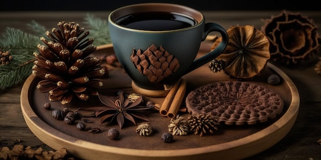 Drewniana taca z filiżanką kawy, laskami cynamonu i kilkoma szyszkami, obraz najwyższej jakości