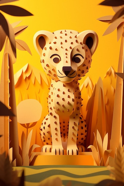 Drewniana wycinanka przedstawiająca geparda z napisem gepard.