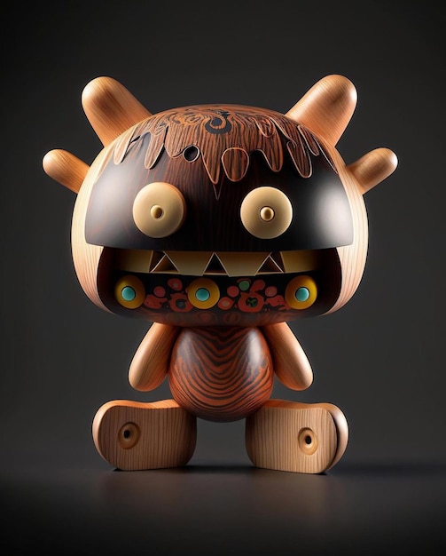 Drewniana zabawka z twarzą potwora siedzi na czarnym tle.
