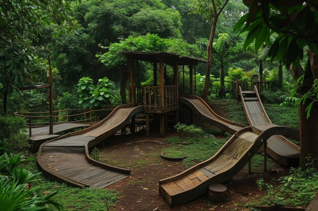 Drewniana zjeżdżalnia stoi pośrodku gęstego lasu zapewniając zabawne i przygodowe doświadczenie dla miłośników przyrody plac zabaw pokonany przyrodą i zielenią AI generowany