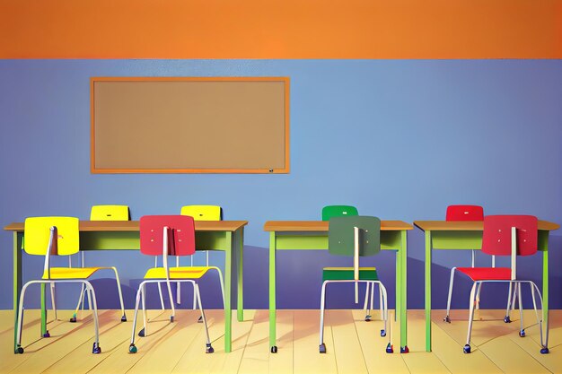 Drewniane biurko szkolne z papeterią i jabłkiem w pobliżu tablicy w klasie Generative Ai