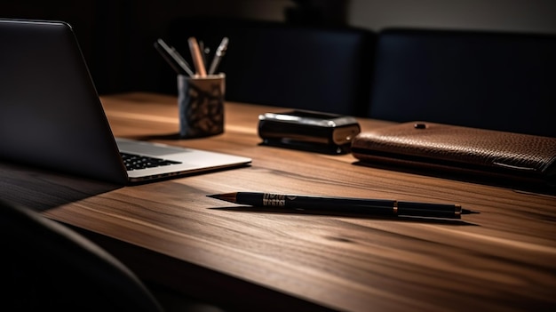 Drewniane biurko z laptopem i długopisem.