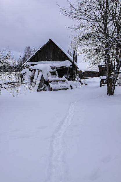 Drewniane budynki i zaśnieżony ogród na wsi