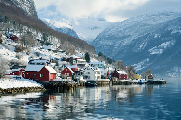 Zdjęcie drewniane domy na brzegach norweskiego fiordu piękny górski krajobraz zimą