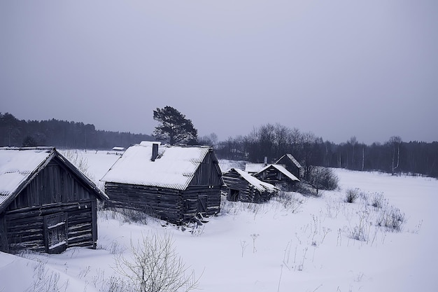 drewniane domy na rosyjskiej wsi / drewniana architektura, rosyjski prowincjonalny krajobraz, zimowy widok wieś w Rosji