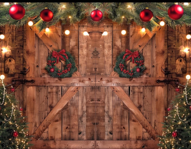 drewniane drzwi z świątecznym wieńcem, na którym jest napisane "Świąt Bożego Narodzenia"