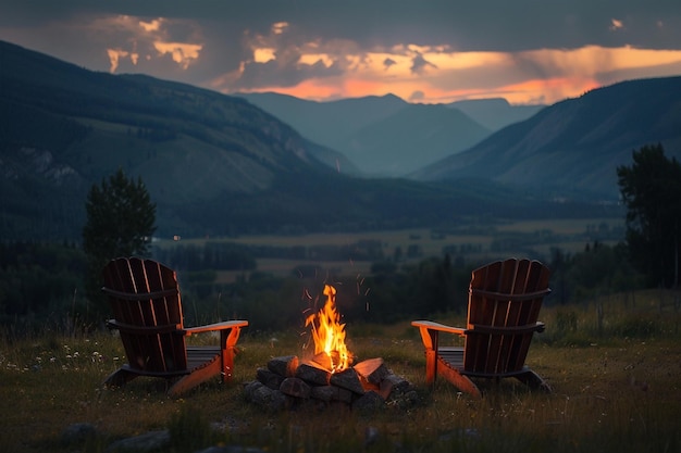 Zdjęcie drewniane krzesła przy ognisku na górskim łące przy zachodzie słońca